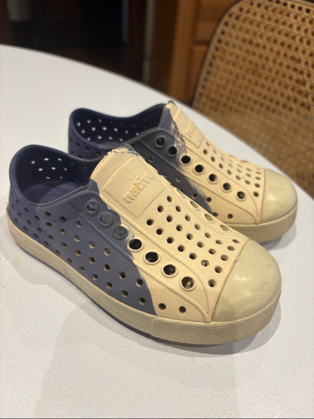 Native Two-Tone Perforated Slip-On Sneakers in Cream and Navy
